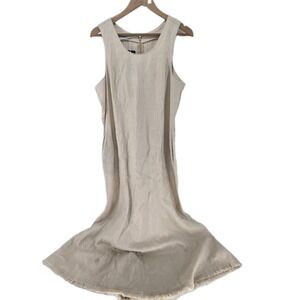 Coco‎ Indigo 100% Linen Midi Dress Large Beige Frayed Hem Sleeveless Lagenlook